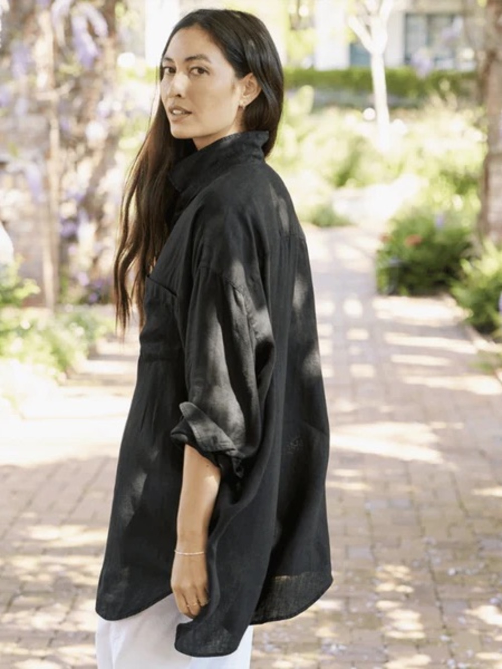 Frank & Eileen Linen Mackenzie Button Up Shirt OS Oversized Women Black - Picture 2 of 11